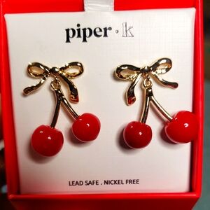 Piper K Gold Bow Red Cherry Dangle Earrings Lead Frew